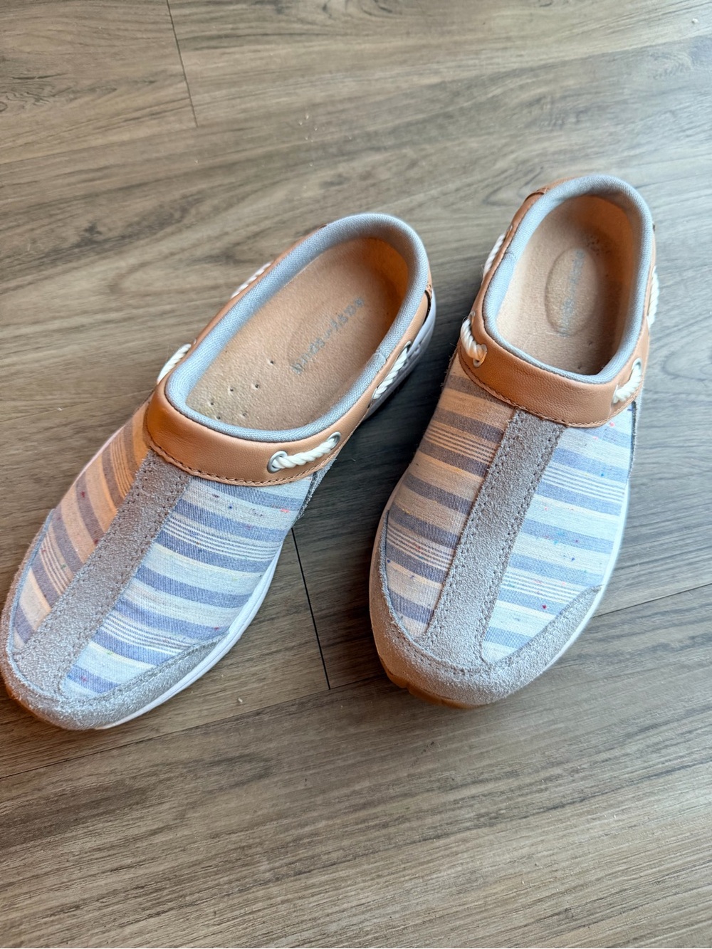Easy Spirit Slip-On Striped Sneakers in Light Blue and Tan